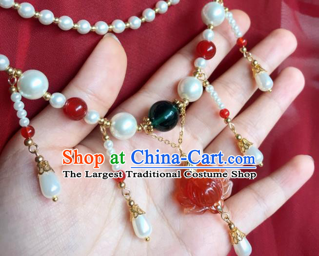Top Grade Chinese Classical Ming Dynasty Red Lotus Necklet Jewelry Accessories Handmade Ancient Hanfu Pearls Necklace for Women