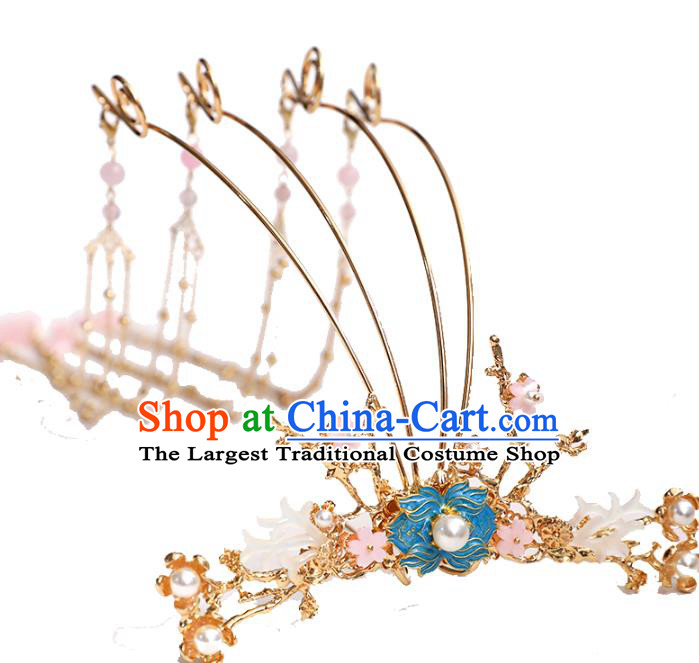 Chinese Classical Wedding Golden Tassel Hair Crown Traditional Bride Hair Accessories Handmade Hanfu Cloisonne Phoenix Coronet