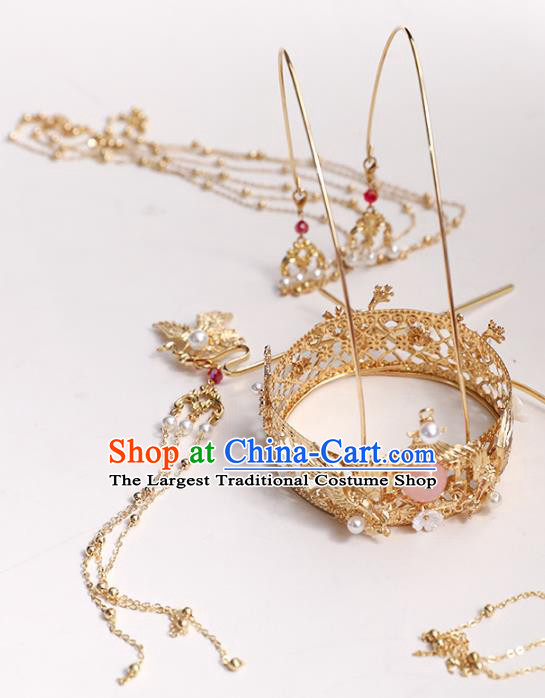 Chinese Classical Wedding Golden Crane Tassel Hair Crown Traditional Bride Hair Accessories Handmade Hanfu Round Phoenix Coronet