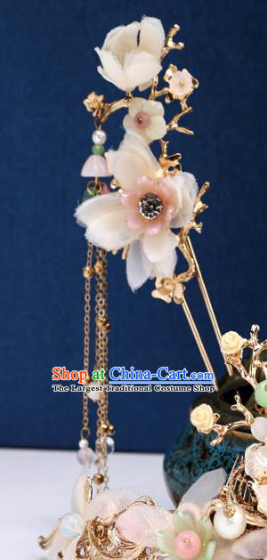 Handmade Chinese Classical Tassel Hairpins Traditional Hair Accessories Ancient Hanfu Court Champagne Silk Flowers Hair Clip for Women