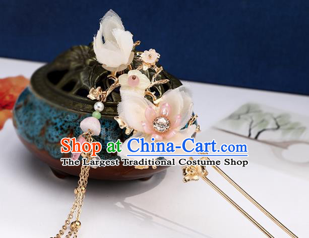 Chinese Classical Wedding Silk Flower Hair Comb Traditional Bride Hair Accessories Handmade Hanfu Tassel Hairpins and Earrings Complete Set