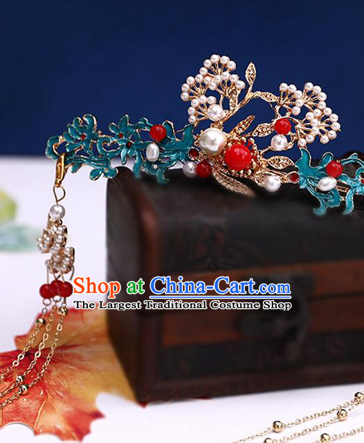 Handmade Chinese Classical Pine Hair Crown Traditional Hair Accessories Ancient Hanfu Hairpins Tassel Hair Comb for Women