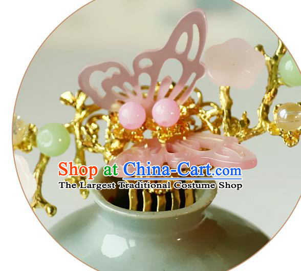 Handmade Chinese Classical Pink Shell Butterfly Hair Comb Traditional Hair Accessories Ancient Hanfu Hairpins for Women