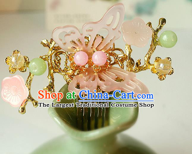 Handmade Chinese Classical Pink Shell Butterfly Hair Comb Traditional Hair Accessories Ancient Hanfu Hairpins for Women