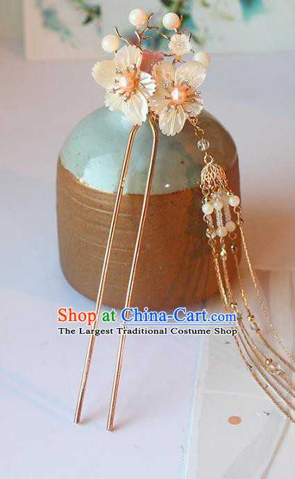 Handmade Chinese Classical Shell Plum Hair Clip Traditional Hair Accessories Ancient Hanfu Golden Tassel Hairpins for Women