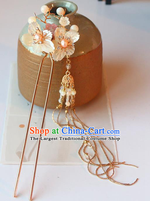 Handmade Chinese Classical Shell Plum Hair Clip Traditional Hair Accessories Ancient Hanfu Golden Tassel Hairpins for Women