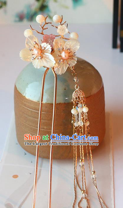 Handmade Chinese Classical Shell Plum Hair Clip Traditional Hair Accessories Ancient Hanfu Golden Tassel Hairpins for Women
