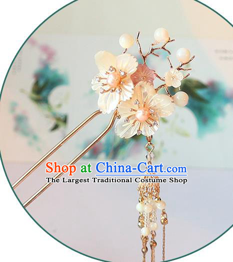 Handmade Chinese Classical Shell Plum Hair Clip Traditional Hair Accessories Ancient Hanfu Golden Tassel Hairpins for Women