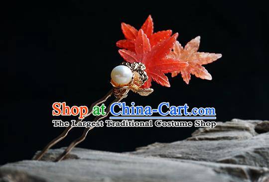 Handmade Chinese Classical Red Maple Leaf Hair Clip Traditional Hair Accessories Ancient Hanfu Pearl Hairpins for Women