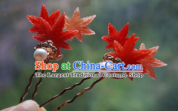 Handmade Chinese Classical Red Maple Leaf Hair Clip Traditional Hair Accessories Ancient Hanfu Pearl Hairpins for Women