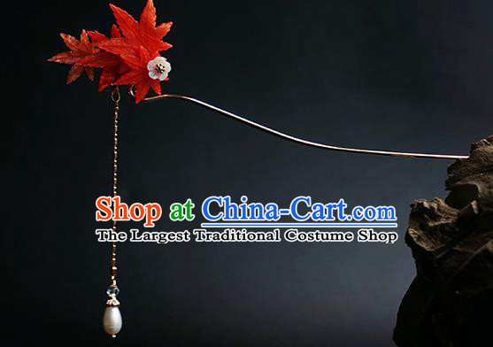Handmade Chinese Classical Red Maple Leaf Hair Clip Traditional Hair Accessories Ancient Hanfu Pearl Tassel Hairpins for Women