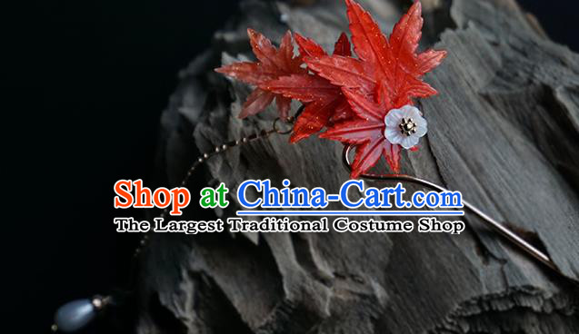 Handmade Chinese Classical Red Maple Leaf Hair Clip Traditional Hair Accessories Ancient Hanfu Pearl Tassel Hairpins for Women