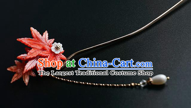 Handmade Chinese Classical Red Maple Leaf Hair Clip Traditional Hair Accessories Ancient Hanfu Pearl Tassel Hairpins for Women