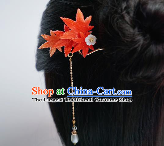 Handmade Chinese Classical Red Maple Leaf Hair Clip Traditional Hair Accessories Ancient Hanfu Pearl Tassel Hairpins for Women
