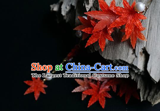 Handmade Chinese Classical Red Maple Leaf Hair Claw Traditional Hair Accessories Ancient Hanfu Tassel Hair Stick for Women