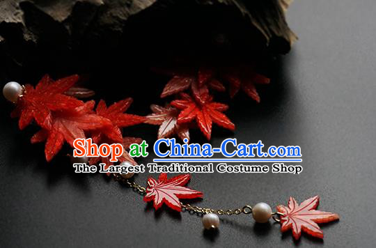 Handmade Chinese Classical Red Maple Leaf Hair Claw Traditional Hair Accessories Ancient Hanfu Tassel Hair Stick for Women