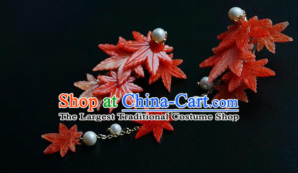 Handmade Chinese Classical Red Maple Leaf Hair Claw Traditional Hair Accessories Ancient Hanfu Tassel Hair Stick for Women