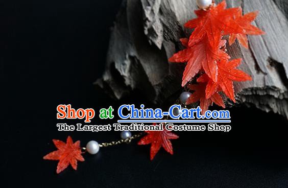 Handmade Chinese Classical Red Maple Leaf Hair Claw Traditional Hair Accessories Ancient Hanfu Tassel Hair Stick for Women