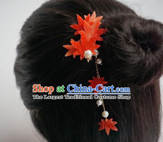 Handmade Chinese Classical Red Maple Leaf Hair Claw Traditional Hair Accessories Ancient Hanfu Tassel Hair Stick for Women