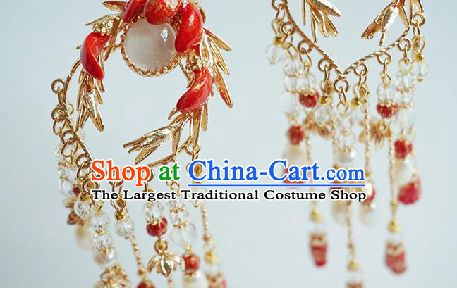 Handmade Chinese Red Beads Tassel Hair Clip Traditional Hair Accessories Ancient Hanfu Classical Albite Hairpins for Women