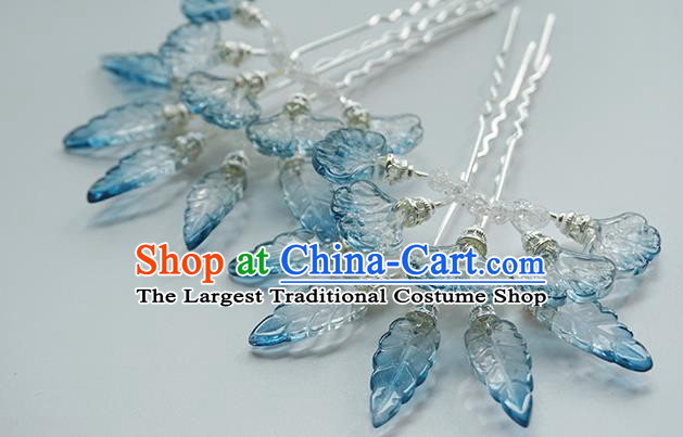 Handmade Chinese Blue Leaf Hair Clip Traditional Hair Accessories Ancient Hanfu Classical Argent Hairpins for Women