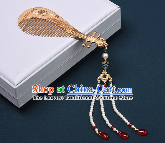 Chinese Traditional Hanfu Pearls Tassel Hair Comb Hair Accessories Handmade Tang Dynasty Golden Hairpins for Women