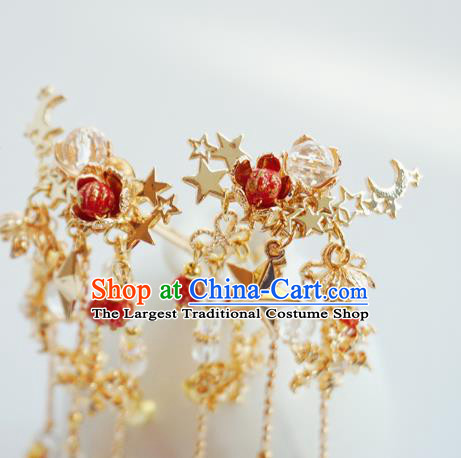 Handmade Chinese Tassel Hair Clips Traditional Hair Accessories Ancient Hanfu Classical Golden Stars Hairpins for Women