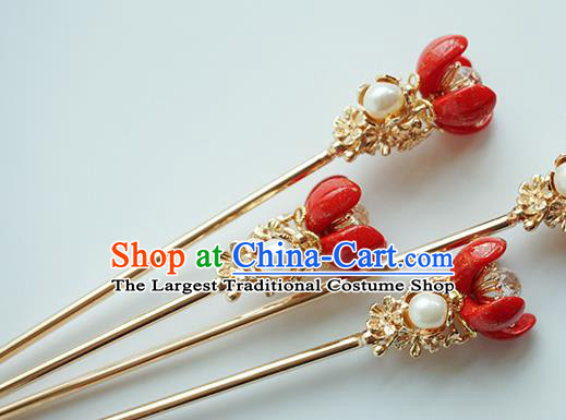 Handmade Chinese Crystal Hair Clip Traditional Hair Accessories Ancient Hanfu Classical Red Flowers Hairpins for Women