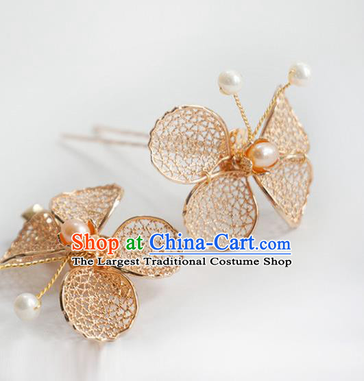 Handmade Chinese Pearl Hair Clip Traditional Hair Accessories Ancient Hanfu Classical Golden Butterfly Hairpins for Women