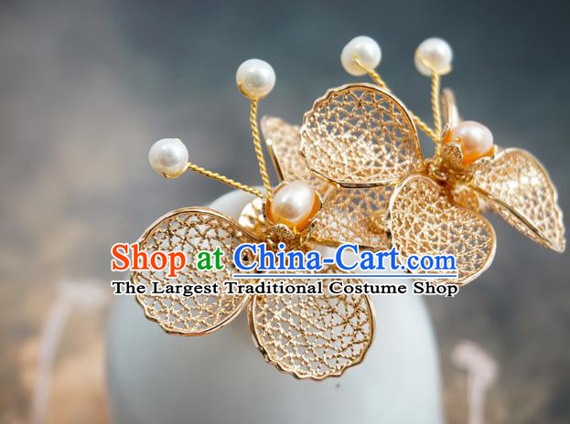 Handmade Chinese Pearl Hair Clip Traditional Hair Accessories Ancient Hanfu Classical Golden Butterfly Hairpins for Women