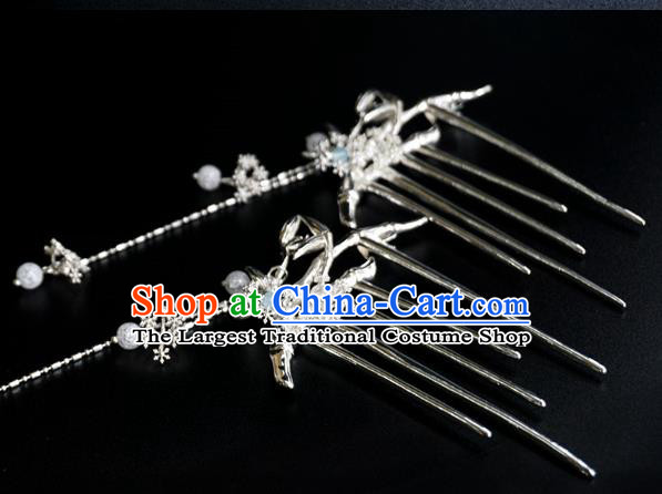 Handmade Chinese Argent Bamboo Hair Comb Traditional Hair Accessories Ancient Hanfu Classical Tassel Hairpins for Women