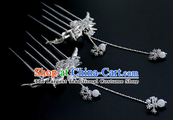 Handmade Chinese Argent Bamboo Hair Comb Traditional Hair Accessories Ancient Hanfu Classical Tassel Hairpins for Women