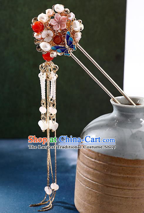 Handmade Chinese Classical Pearls Hair Clip Traditional Hair Accessories Ancient Hanfu Tassel Shell Hairpins for Women