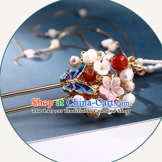 Handmade Chinese Classical Pearls Hair Clip Traditional Hair Accessories Ancient Hanfu Tassel Shell Hairpins for Women