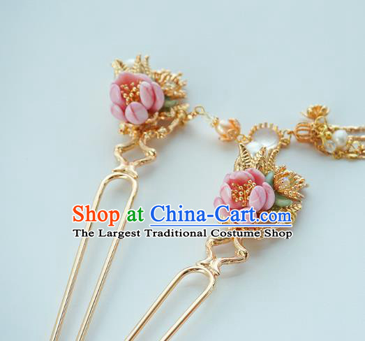 Handmade Chinese Pink Flower Hair Clip Traditional Hair Accessories Ancient Court Classical Golden Tassel Hairpins for Women
