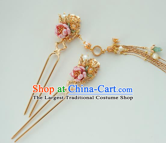 Handmade Chinese Pink Flower Hair Clip Traditional Hair Accessories Ancient Court Classical Golden Tassel Hairpins for Women