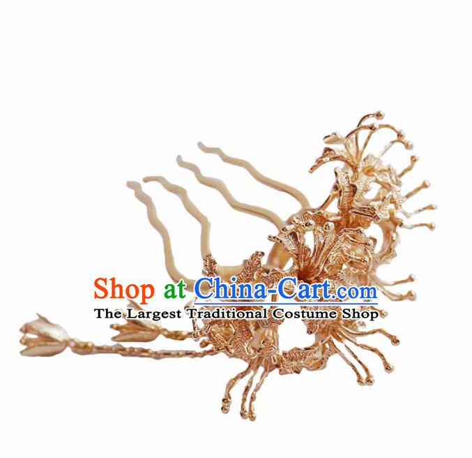 Handmade Chinese Tang Dynasty Golden Manjusaka Hair Comb Traditional Hair Accessories Ancient Court Hairpins for Women