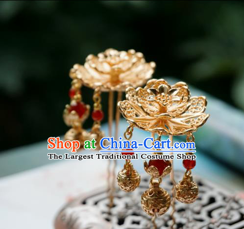 Handmade Chinese Golden Peony Tassel Hair Clip Traditional Hair Accessories Ancient Tang Dynasty Court Hairpins for Women