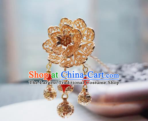 Handmade Chinese Golden Peony Tassel Hair Clip Traditional Hair Accessories Ancient Tang Dynasty Court Hairpins for Women
