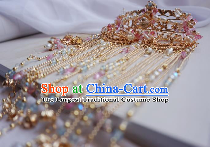 Chinese Classical Wedding Pearls Hair Crown and Tassel Step Shake Handmade Traditional Bride Hair Accessories Complete Set