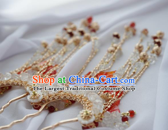 Handmade Chinese Golden Bells Tassel Hair Clip Traditional Hair Accessories Ancient Red Leaf Hairpins for Women