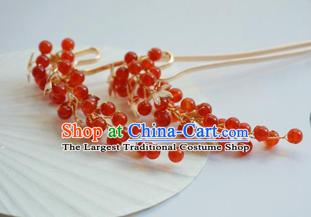 Handmade Chinese Hanfu Agate Hair Clip Traditional Hair Accessories Ancient Red Beads Hairpins for Women