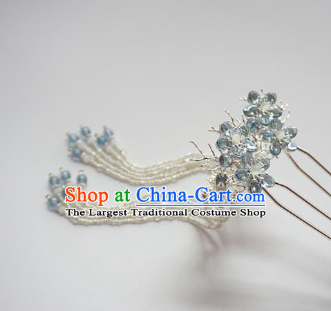 Handmade Chinese Hanfu Blue Plum Hair Clip Traditional Hair Accessories Ancient White Beads Tassel Hairpins for Women
