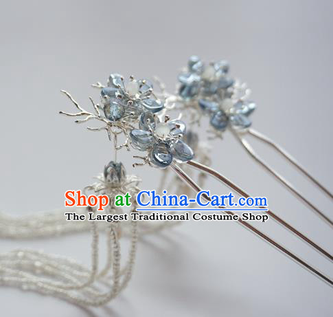 Handmade Chinese Hanfu Blue Plum Hair Clip Traditional Hair Accessories Ancient White Beads Tassel Hairpins for Women