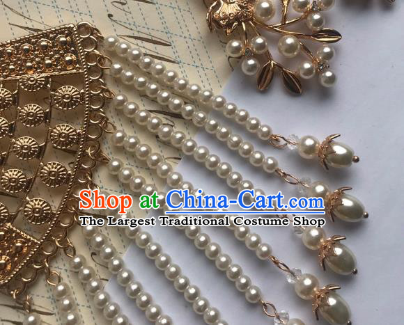 Handmade Chinese Tang Dynasty Court Hair Clip Traditional Hair Accessories Ancient Empress Beads Tassel Golden Hairpins for Women