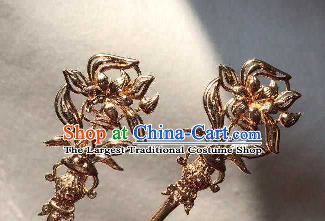 Handmade Chinese Tang Dynasty Golden Orchid Hair Clip Traditional Hair Accessories Ancient Empress Red Beads Tassel Hairpins for Women
