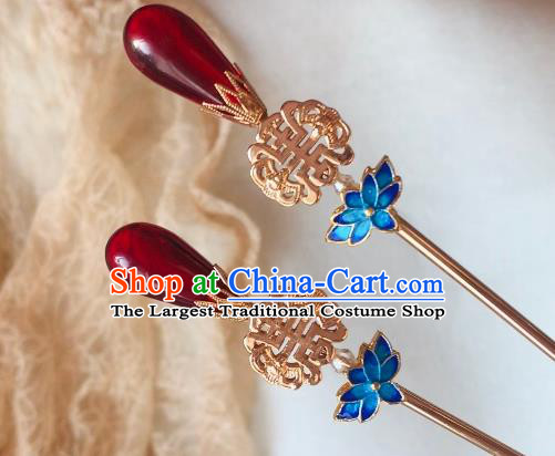 Handmade Chinese Ming Dynasty Empress Blueing Lotus Hair Clip Traditional Hair Accessories Ancient Court Golden Hairpins for Women
