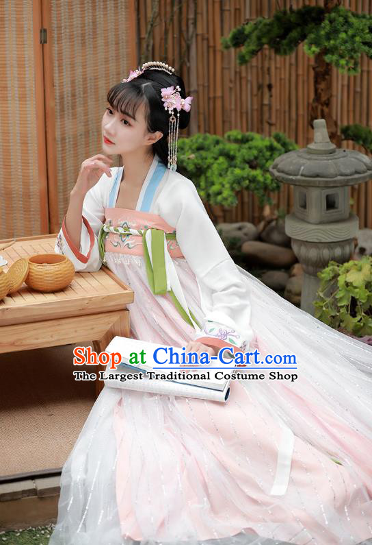 Chinese Traditional Tang Dynasty Noble Lady Hanfu Garment Ancient Costumes White Blouse and Pink Dress for Women