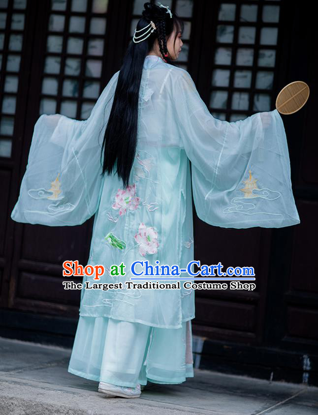 Chinese Traditional Song Dynasty Hanfu Garment Ancient Village Girl Costumes Blue Cloak Blouse Strapless and Skirt Full Set