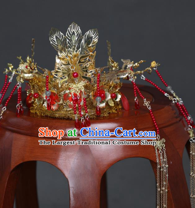 Chinese Traditional Ancient Princess Red Beads Tassel Hair Crown Handmade Bride Hair Accessories Hanfu Wedding Headwear for Women